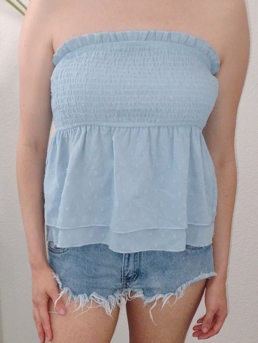 Light Blue Strapless Smocked Ruffle Camisole